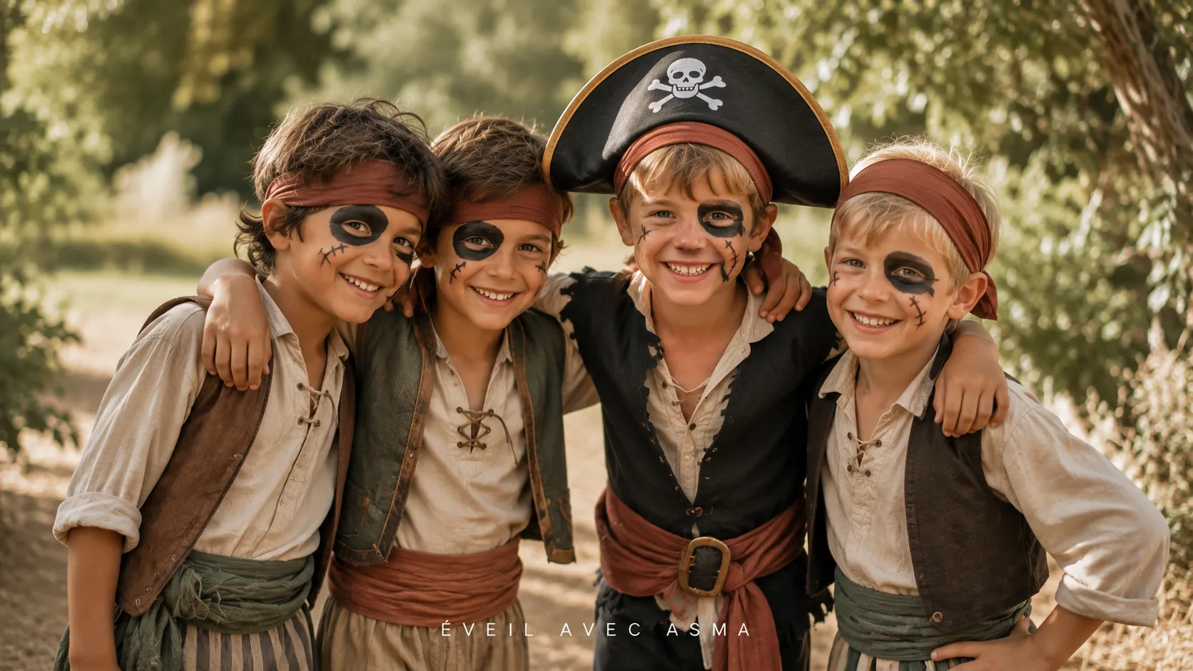 garçons avec du maquillage de pirate en séjour de vacances en extérieur eveil avec asma